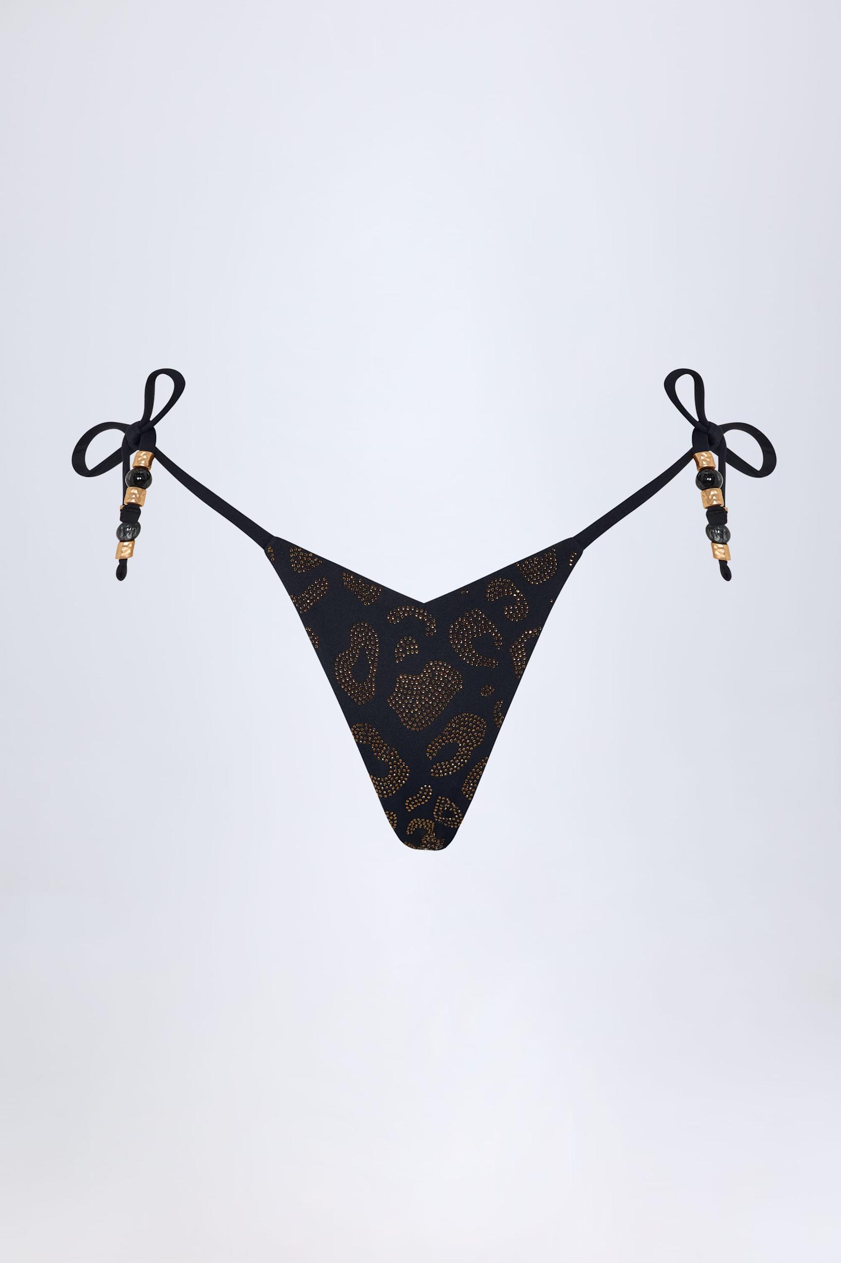 Charm-Detail Thong Bikini Bottoms in Black Product Image