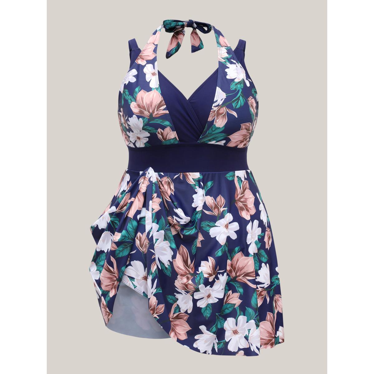 Plus Size Floral Print Color Block Swim Dress Women's Swimwear Midnight Beach Bodycon Overlap Collar High stretch Curve Swim Dresses BloomChic 22-24/3X Product Image