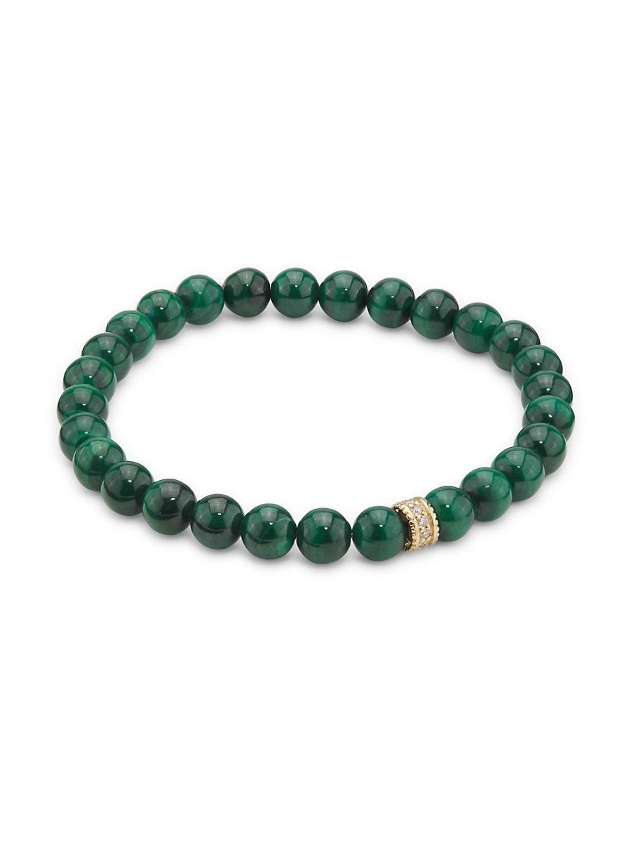 Womens 14K Yellow Gold, Malachite & 0.11 TCW Diamond Beaded Stretch Bracelet Product Image