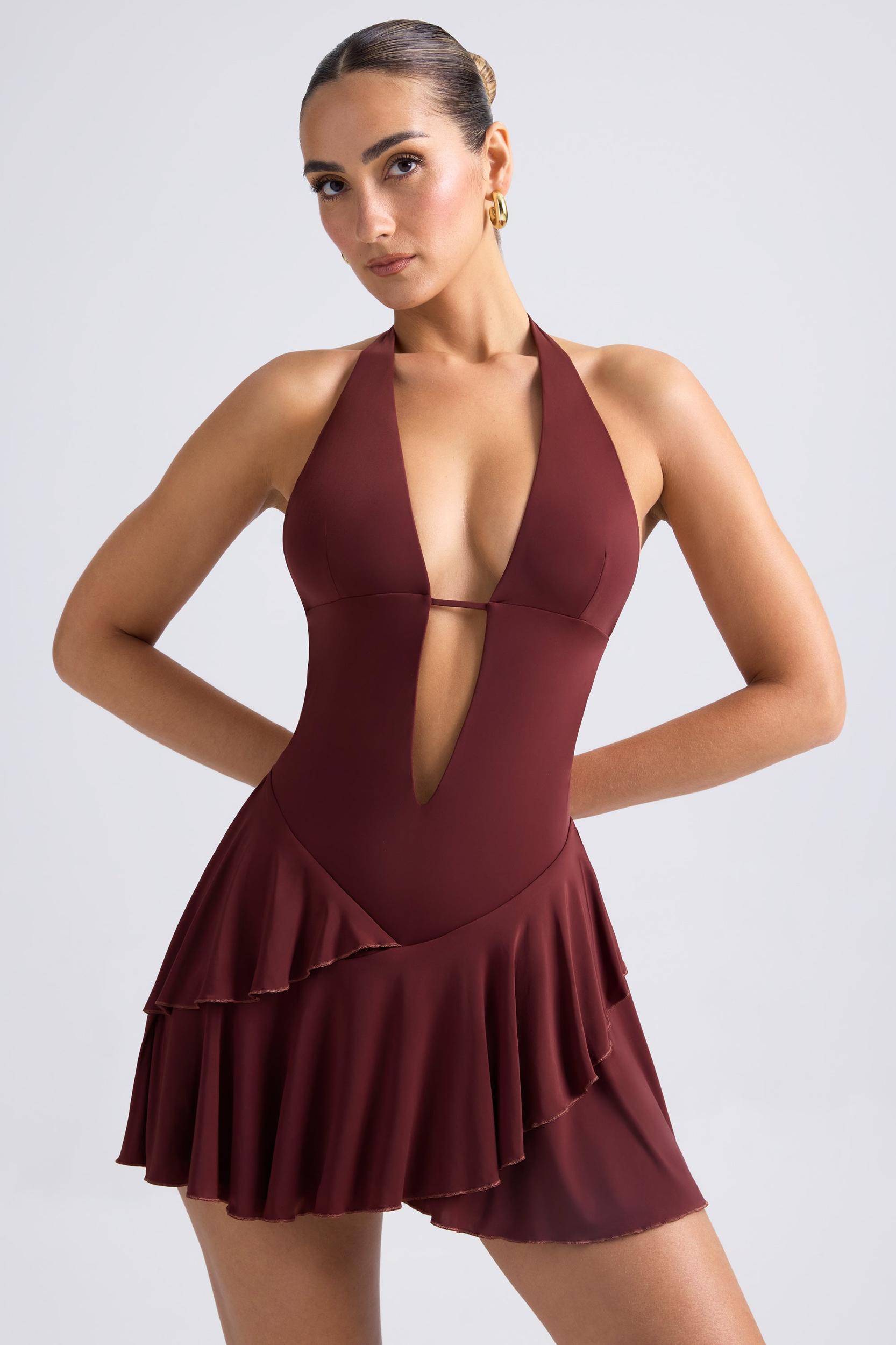 Ruffled Cut-Out Halterneck Mini Dress in Chestnut Brown Product Image