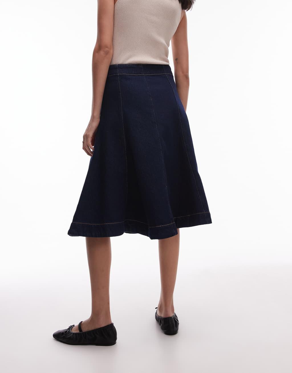 Mango denim pleated midi skirt in dark blue Product Image