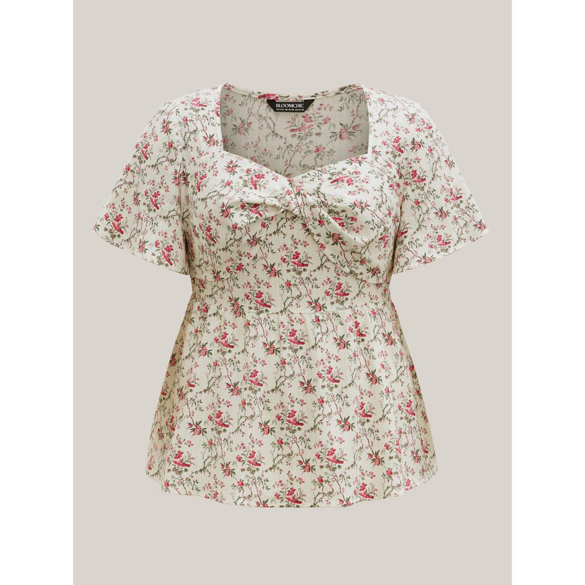 Plus Size Ivory Knotted Floral Print Flared Sleeve Blouse Women Timeless Short sleeve Heart neckline Elegant Blouses BloomChic 18-20/2X Product Image