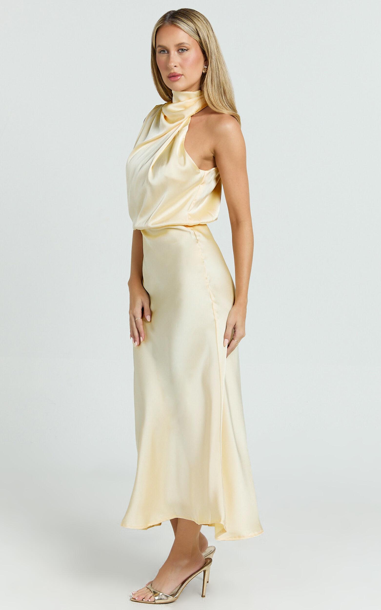 Minnie Midi Dress - Drape Neck Satin Slip Dress in Butter Yellow Product Image