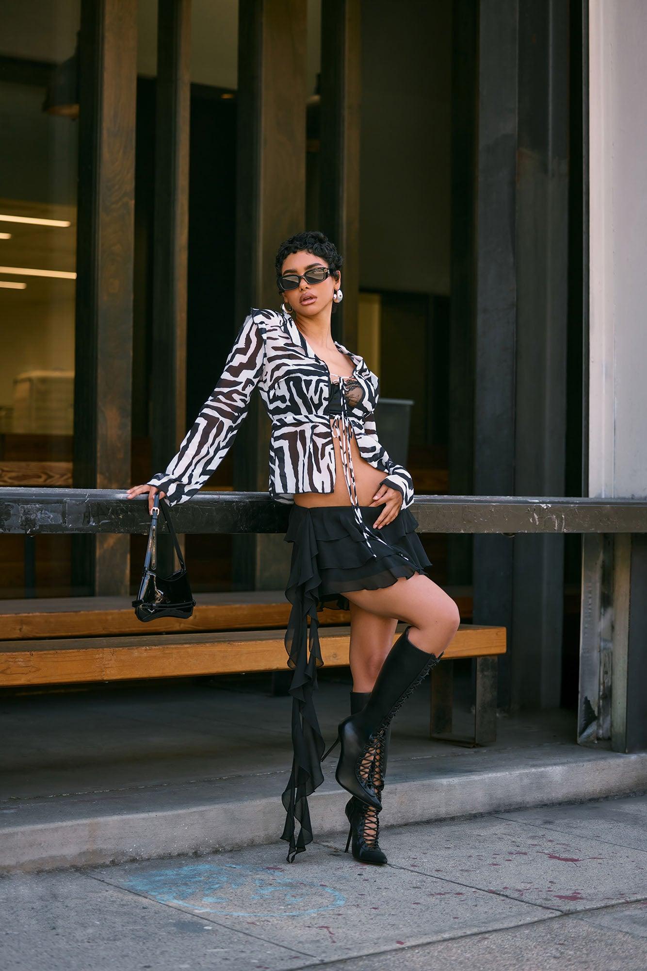 Wild Zebra Chiffon Flyaway Top - White/Black Female Product Image