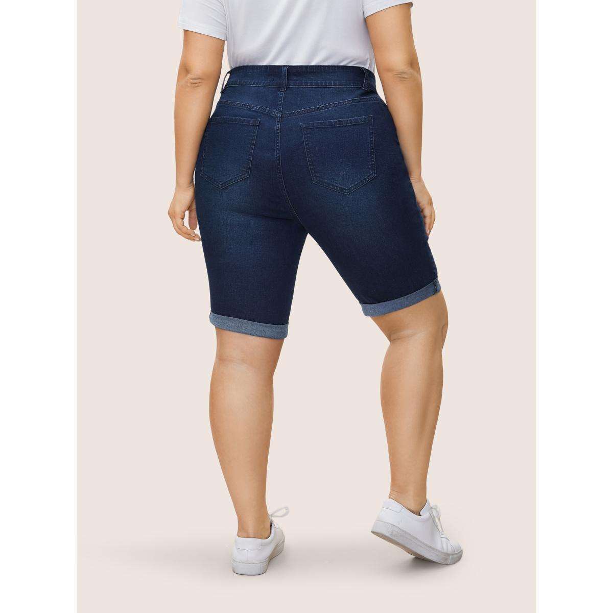 Plus Size Dark Wash Zipper Fly Roll Hem Denim Shorts Women Indigo Non High stretch Everyday Slanted pocket Casual Denim Shorts BloomChic 14/1X Product Image