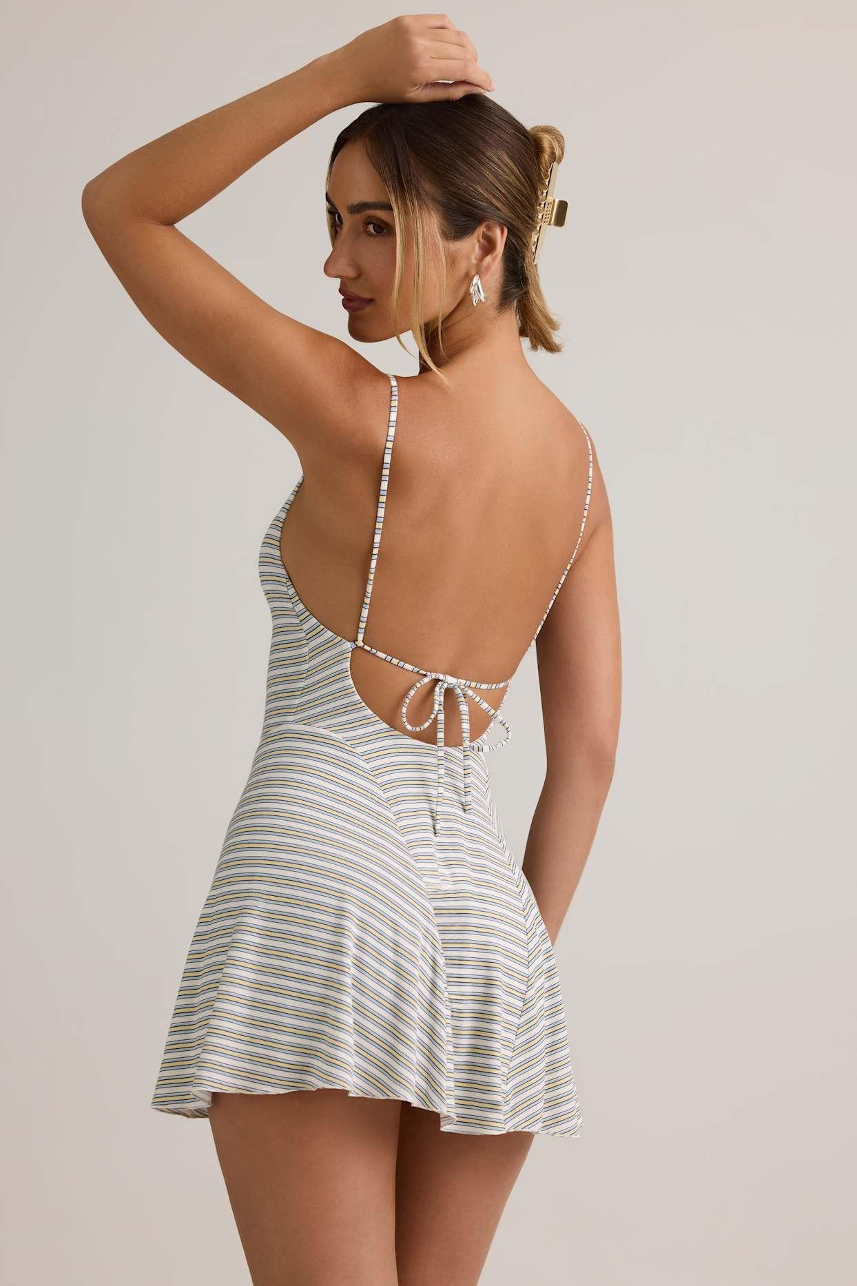 Modal Ribbed Tie-Back A-Line Mini Dress in Blue & Yellow Stripe Product Image