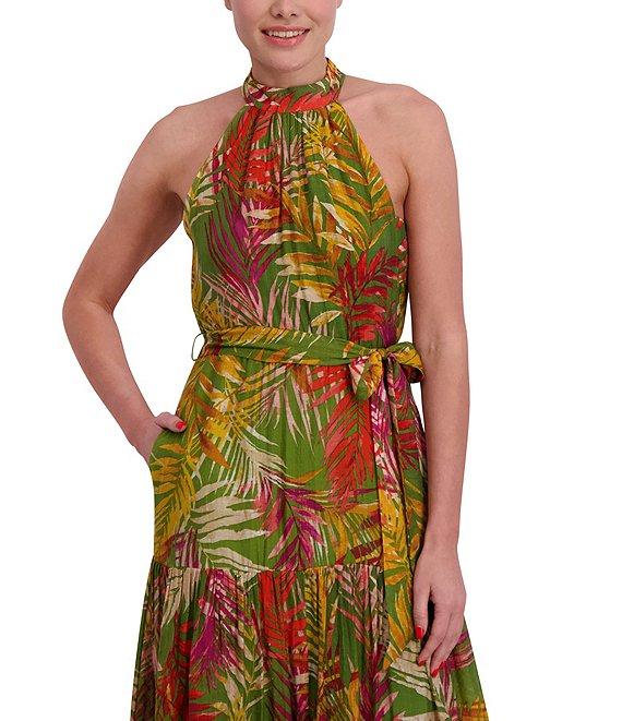 Anne Klein Halter Neck Sleeveless Tropical Print Chiffon Tiered Maxi Dress Product Image