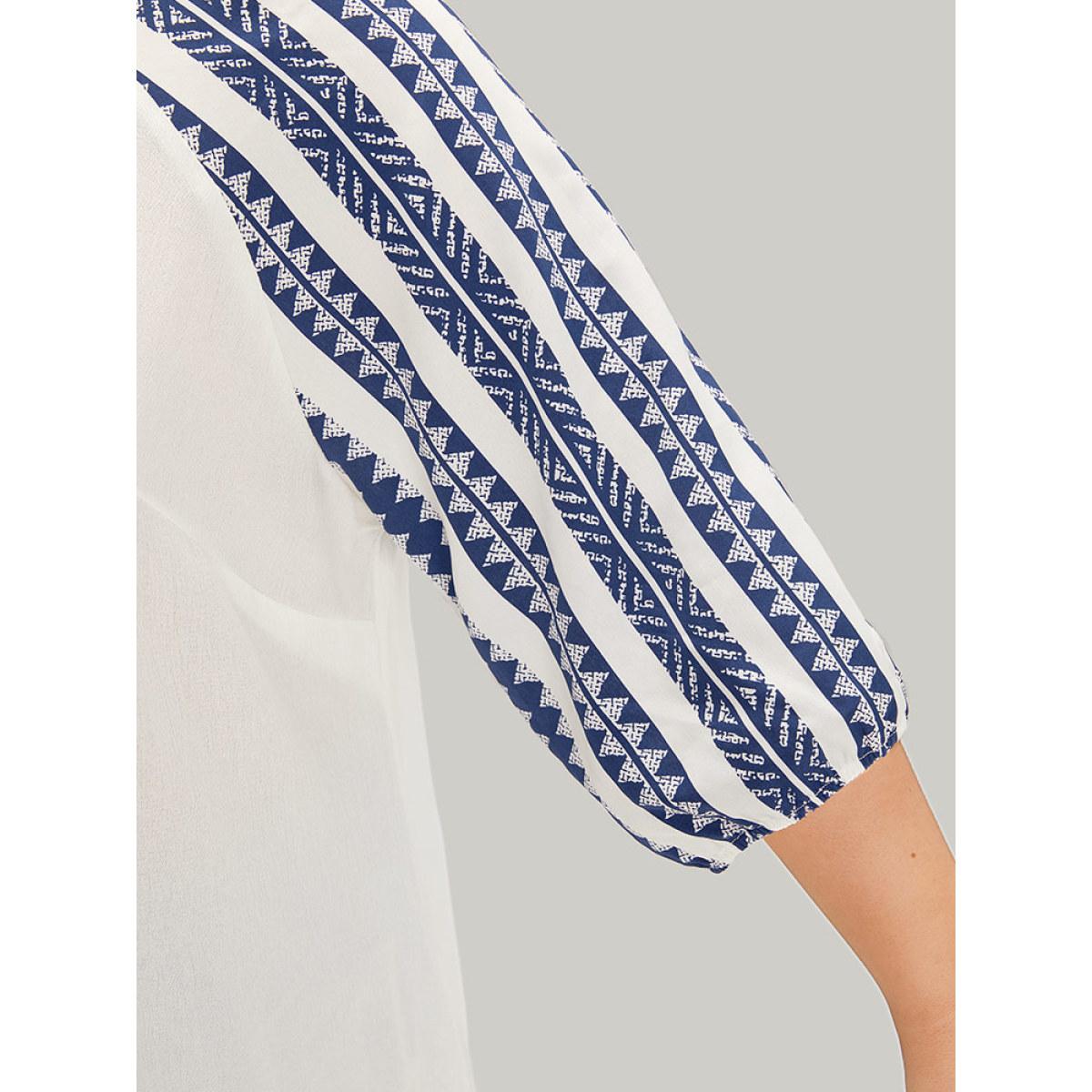 Plus Size DarkBlue Boho Print Tie Neck Patchwork Lantern Sleeve Blouse Women Vacation Elbow-length sleeve Tie Neck Dailywear Blouses BloomChic 10/M Product Image