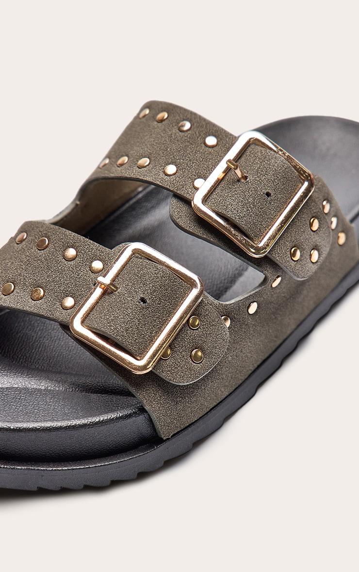 Green Double Buckle Faux Suede Flatbed Sandals Product Image