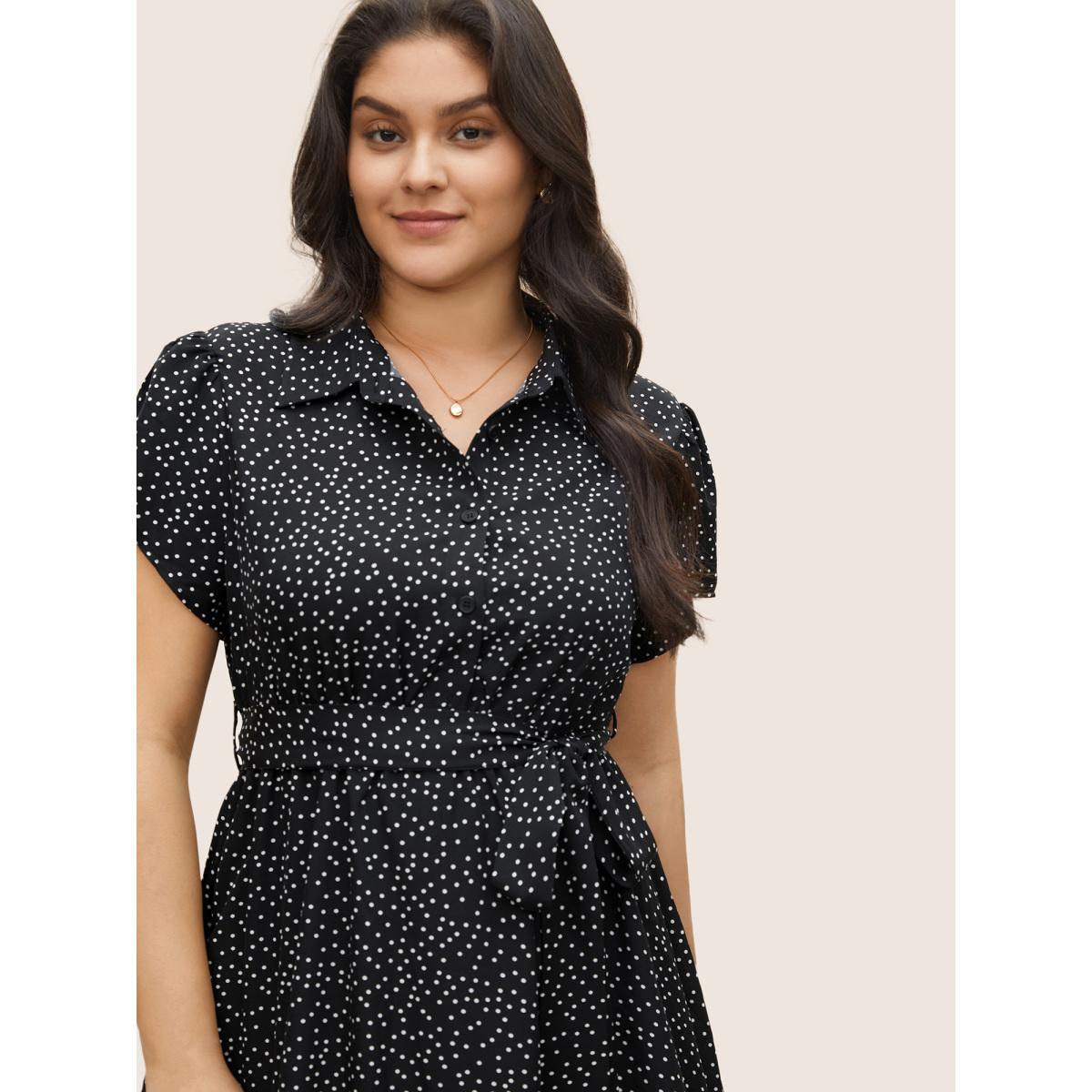 Plus Size Polka Dot Shirt Collar Pocket Button Up Dress Black Women Office Non Shirt collar Short sleeve Curvy Midi Dress BloomChic 12/L Product Image