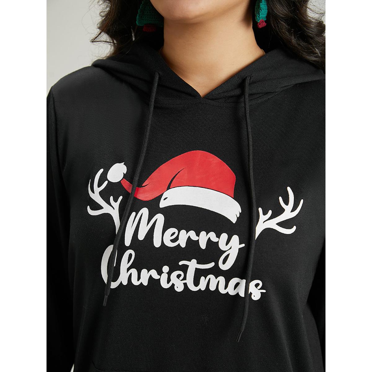 Plus Size Christmas Letter Hooded Drawstring Pocket Sweatshirt Women Black Casual Elastic cuffs Festival-Christmas Sweatshirts BloomChic 28/5X Product Image