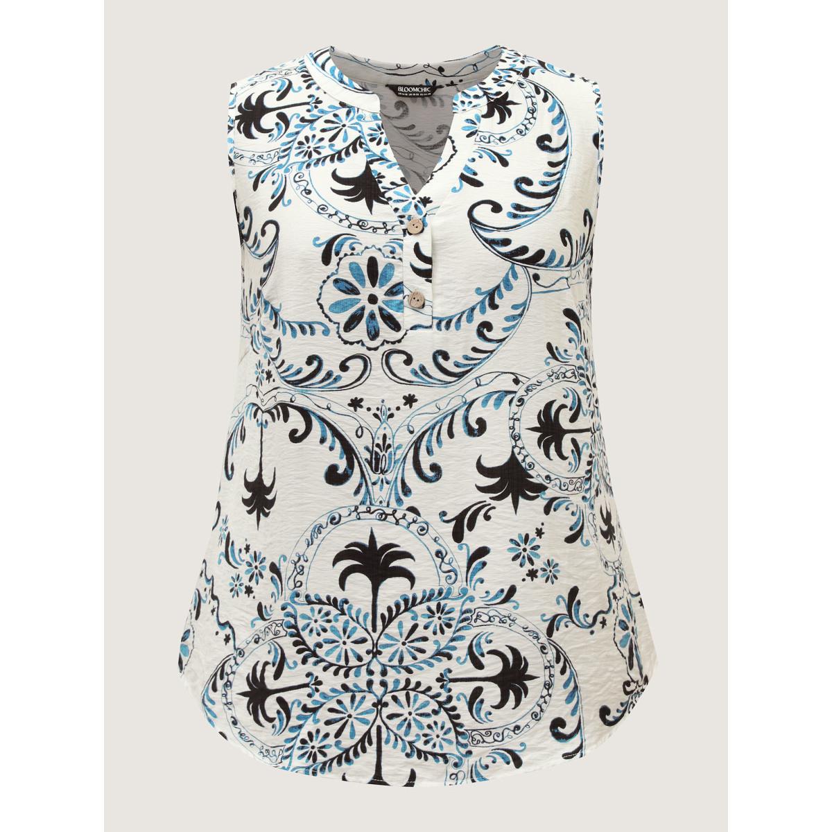Plus Size Silhouette Floral Print Tank Top Women Mediumblue Timeless Contrast Flat collar with V-notch Elegant Tank Tops Camis BloomChic 30/6X Product Image