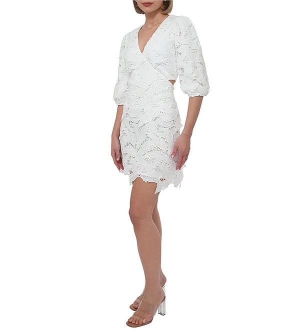 Adelyn Rae Lace V-Neck Short Sleeve Side Cutout Sheath Mini Dress Product Image