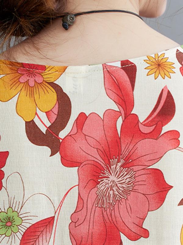 Loose Short Sleeves Pleated Printed Split-Joint Round-Neck Midi Dresses Product Image