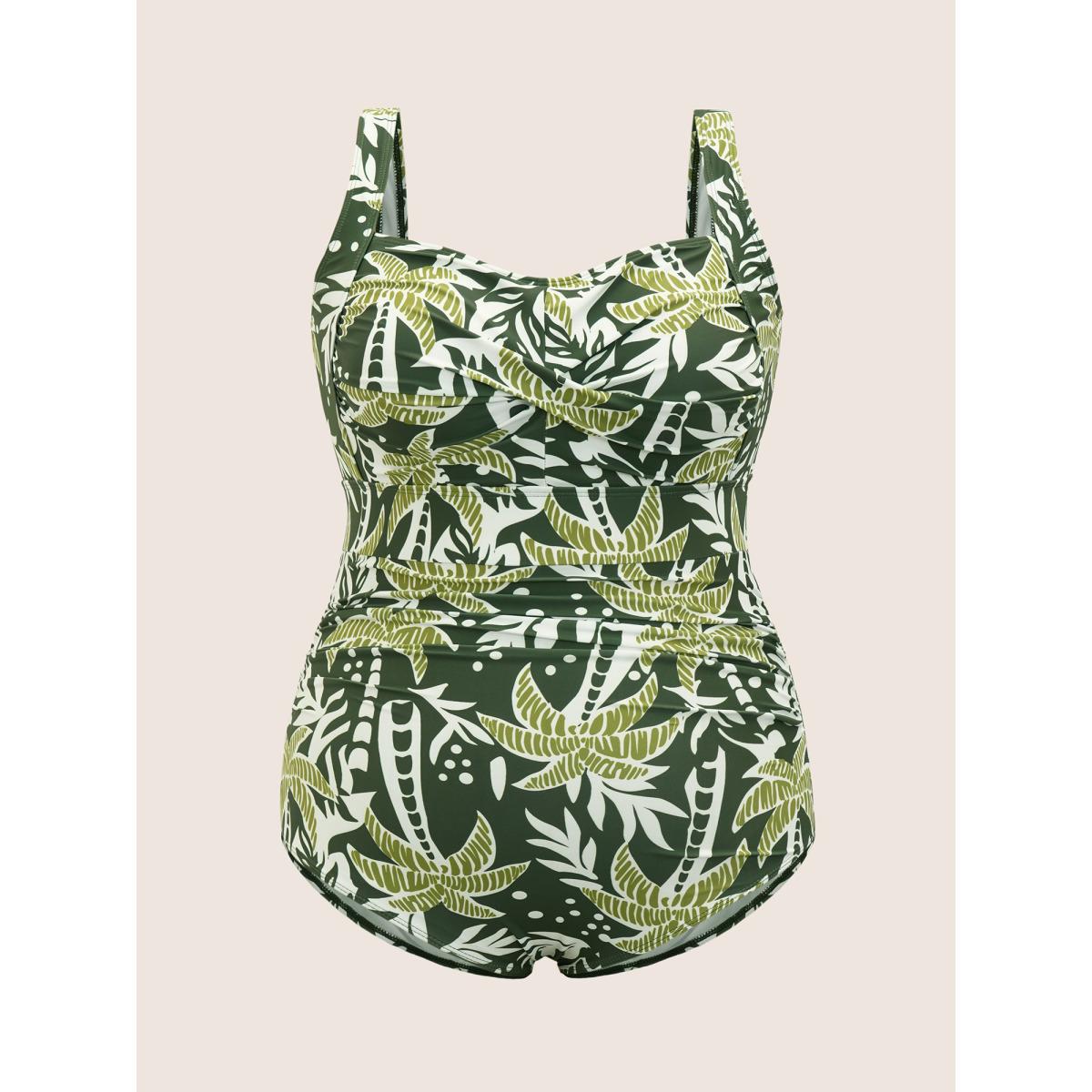Plus Size Heart Neckline Tropical Print Crossover One Piece Swimsuit Women's Swimwear ArmyGreen Beach Twist Curve Bathing Suits High stretch One Pieces BloomChic 30/6X Product Image