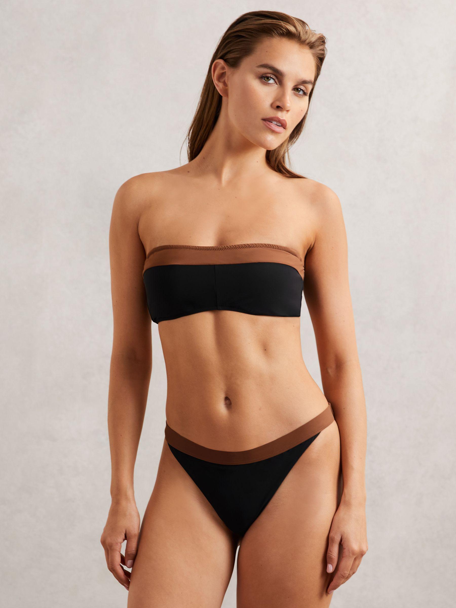 Contrast-Trim Bandeau Bikini Top in Black/Tan Product Image