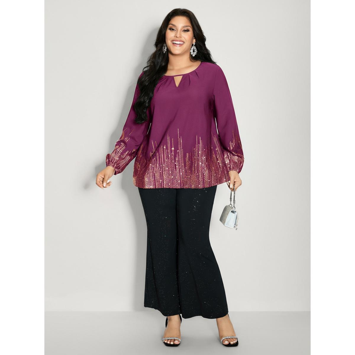 Plus Size Scarlet Shimmery Cut-Out Neck Blouse Women Party&Cocktail Extra Long Sleeve Round Neck Party Blouses BloomChic 10/M Product Image