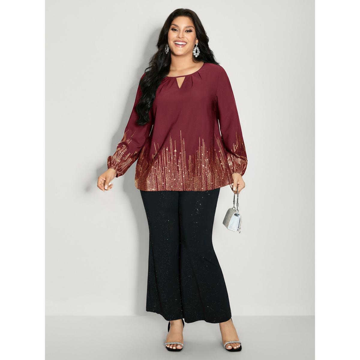 Plus Size Scarlet Shimmery Cut-Out Neck Blouse Women Party&Cocktail Extra Long Sleeve Round Neck Party Blouses BloomChic 10/M Product Image