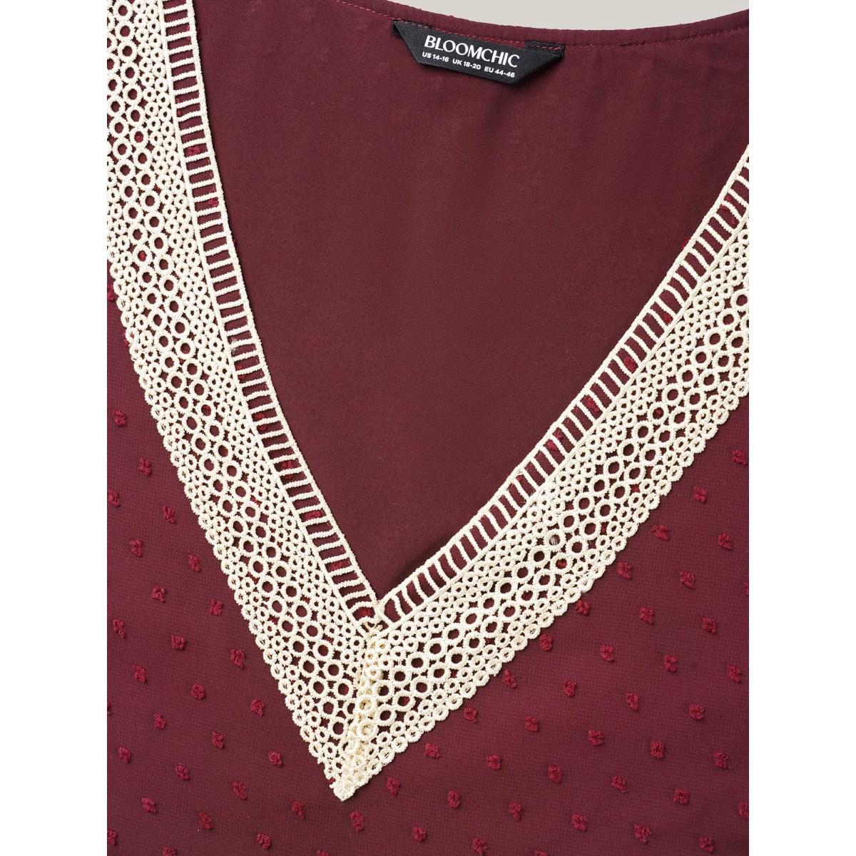 Plus Size Burgundy Contrast Webbing Cut-Out Stretchy-Waist Blouse Women Elegant Extra Long Sleeve V-neck Everyday Blouses BloomChic 18-20/2X Product Image