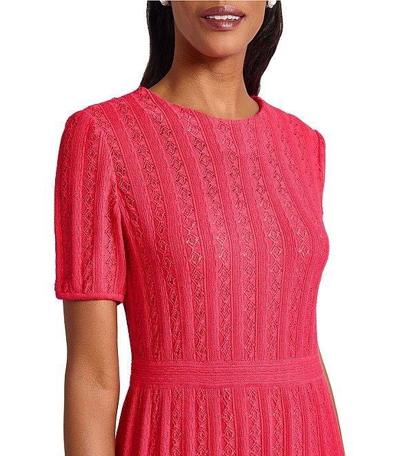Ming Wang Diamond Pointelle Knit Round Neck Short Sleeve Fit-And-Flare Dress Product Image