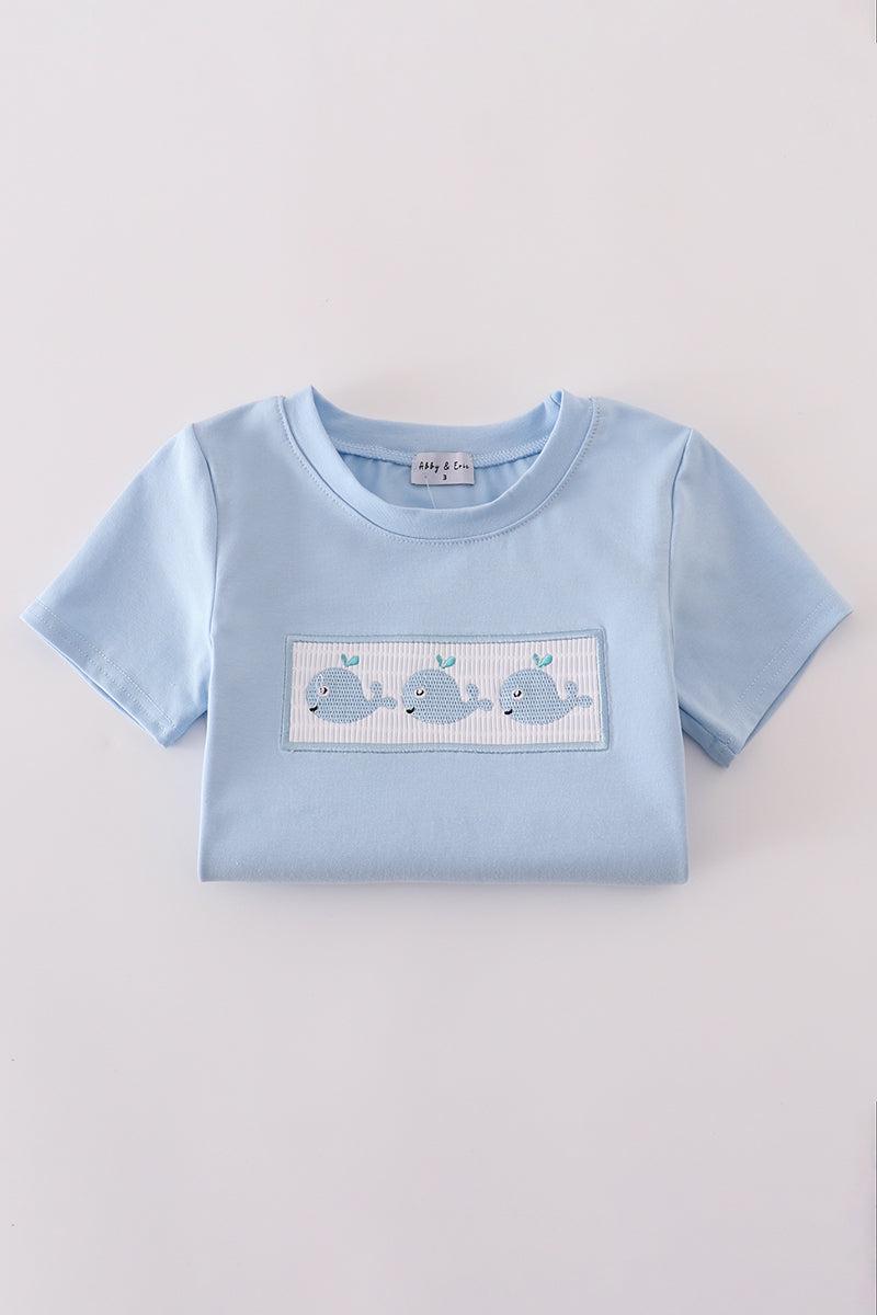 Blue whale embroidery smocked shorts set Product Image