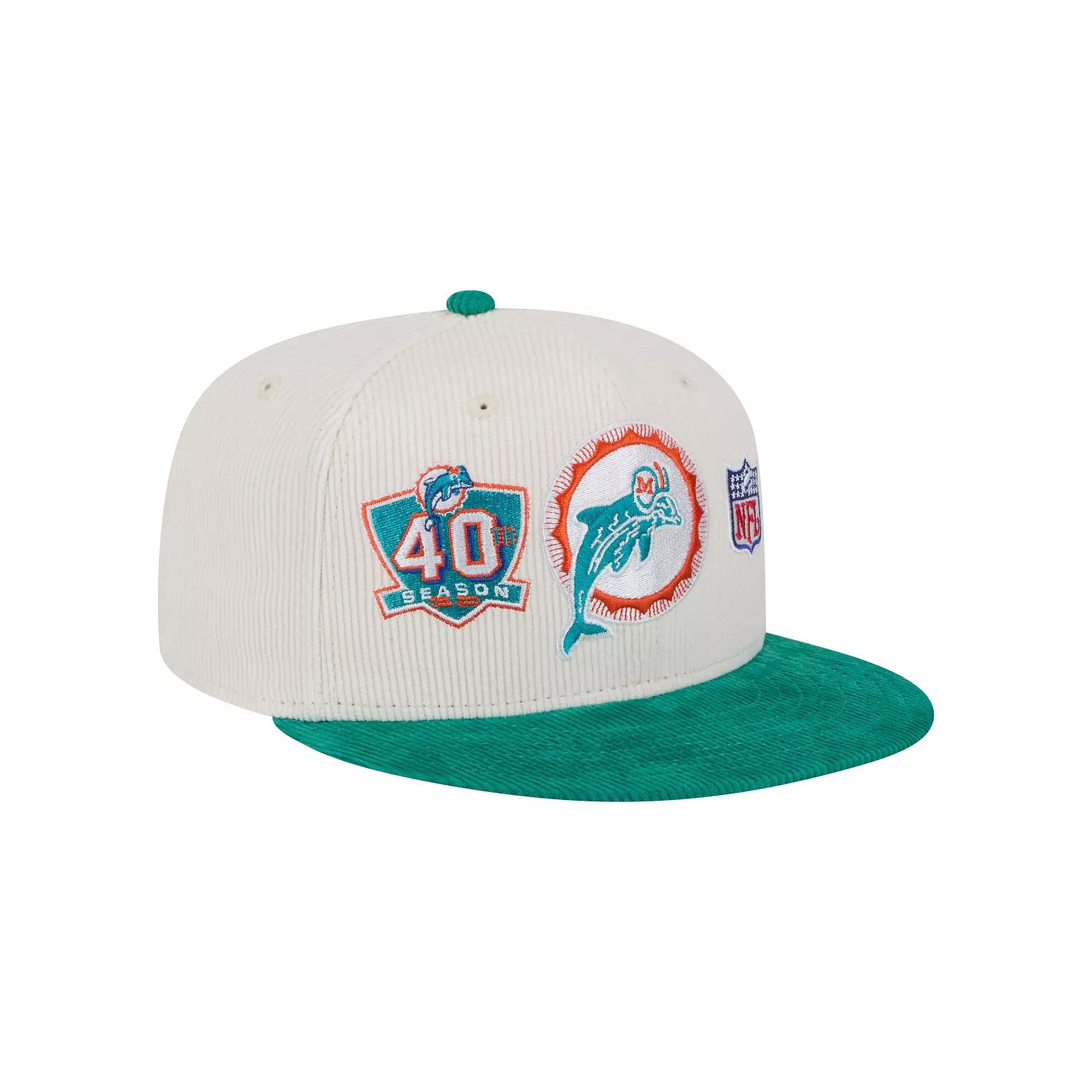 Men's New Era Cream/Aqua Miami Dolphins Throwback Corduroy 59FIFTY Fitted Hat,  Product Image