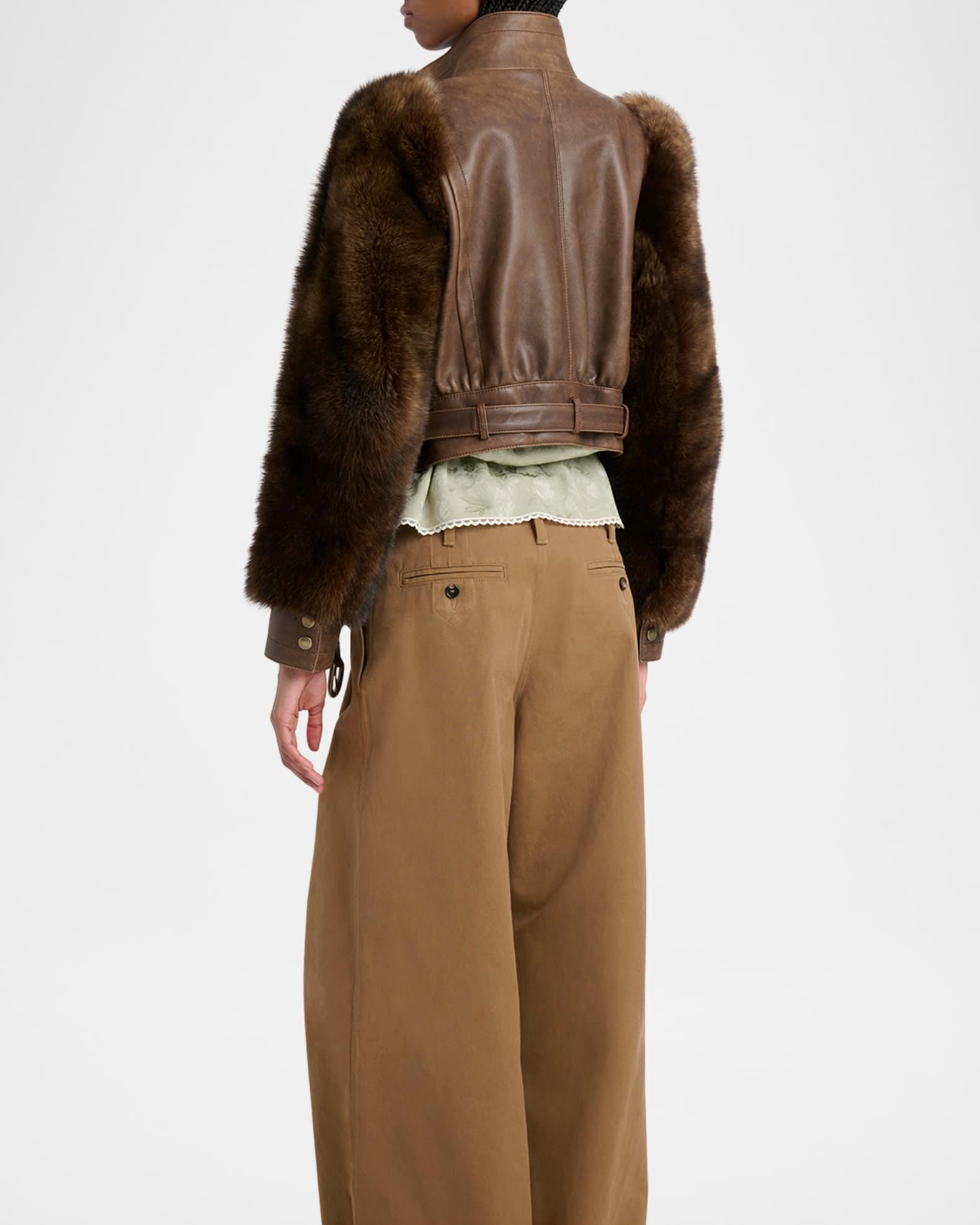 Faux Fur Sleeves Leather Bomber Jacket Product Image