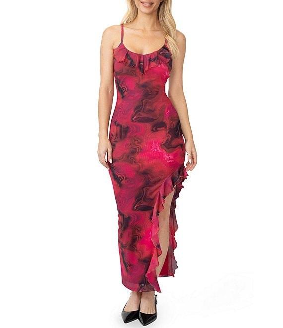 Stevie by Steve Madden Printed Power Mesh Ruffle V-Neck High Slit Dress Product Image
