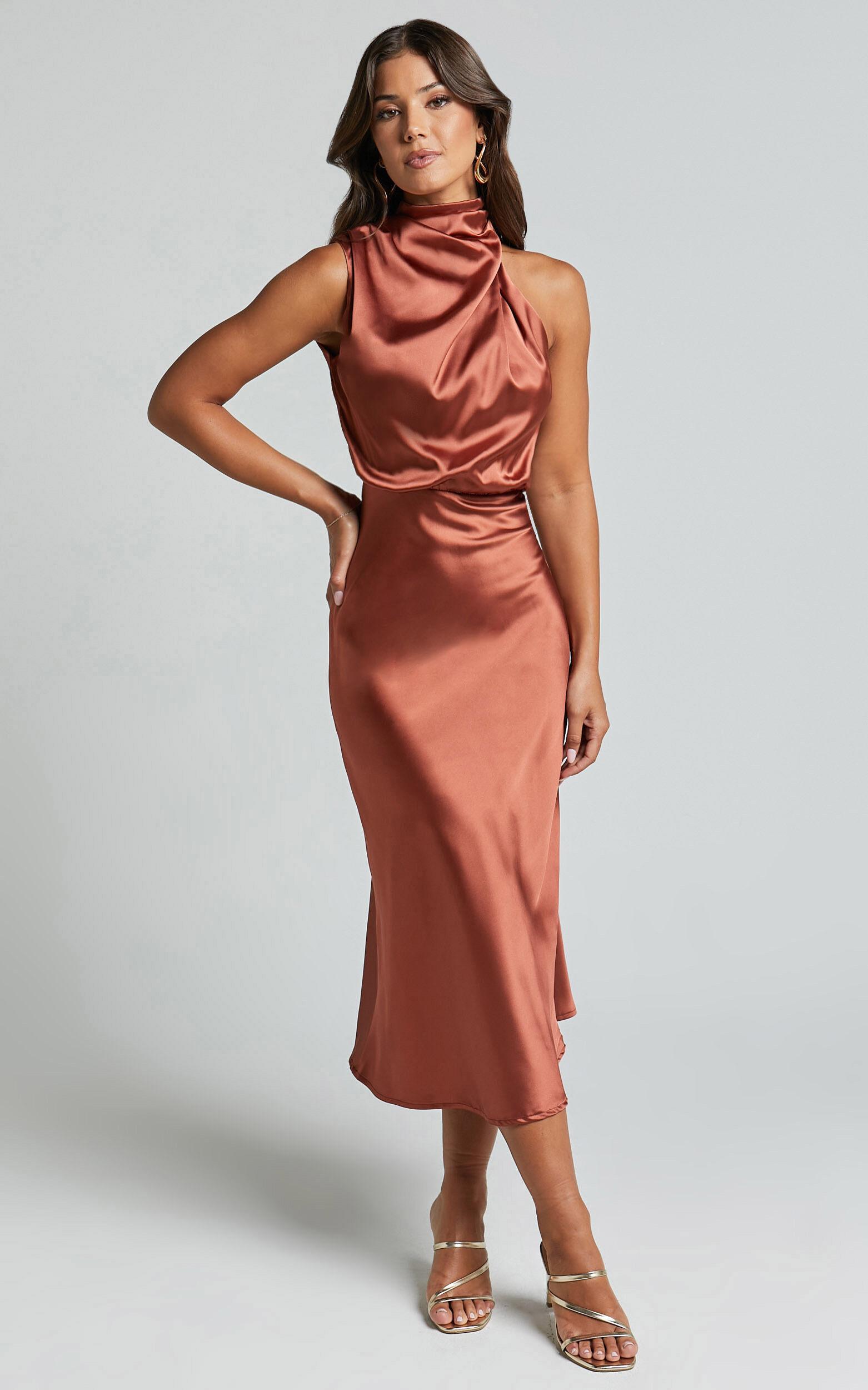 Minnie Midi Dress - Drape Neck Satin Slip Dress in Copper Product Image