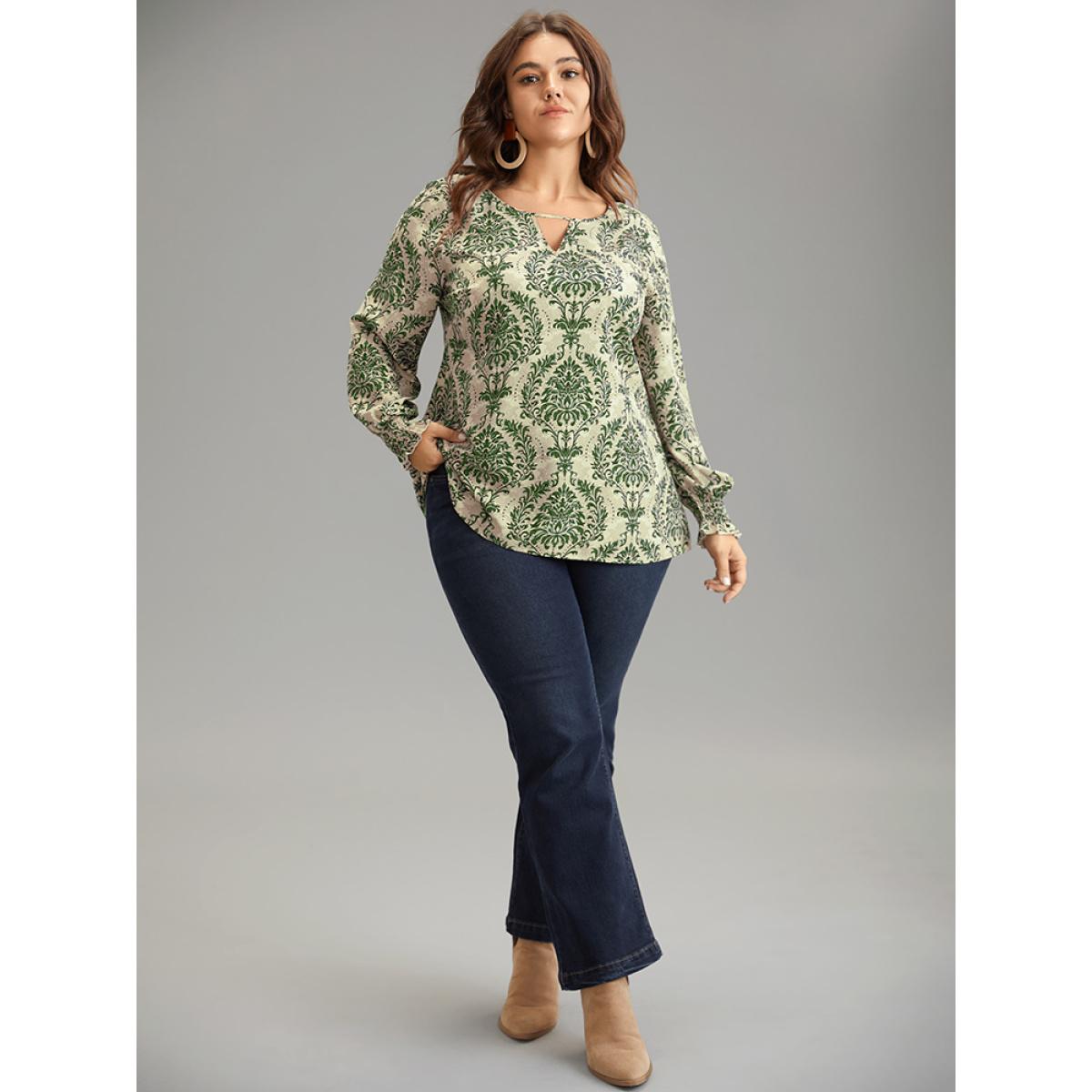 Plus Size Green Bandana Print Keyhole Shirred Lantern Sleeve Blouse Women Vacation Long Sleeve Keyhole Cut-Out Vacation Blouses BloomChic 14-16/1X Product Image