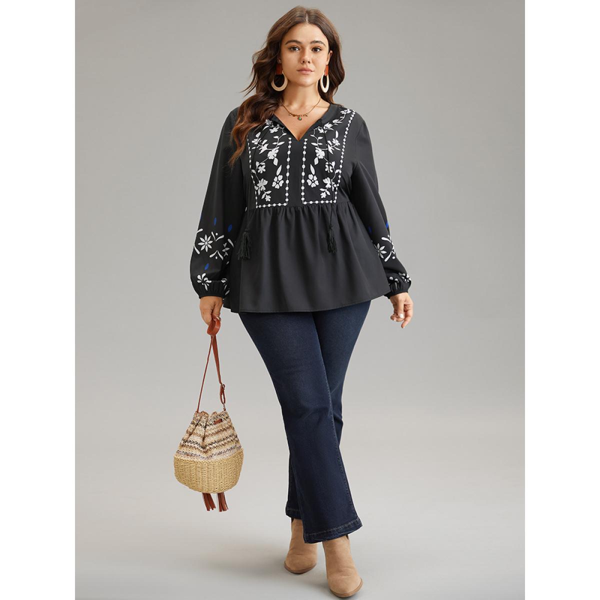 Plus Size Black Boho Print Tie Neck Elastic Waist Tassels Blouse Women Resort Long Sleeve Tie Neck Vacation Blouses BloomChic 26/4X Product Image