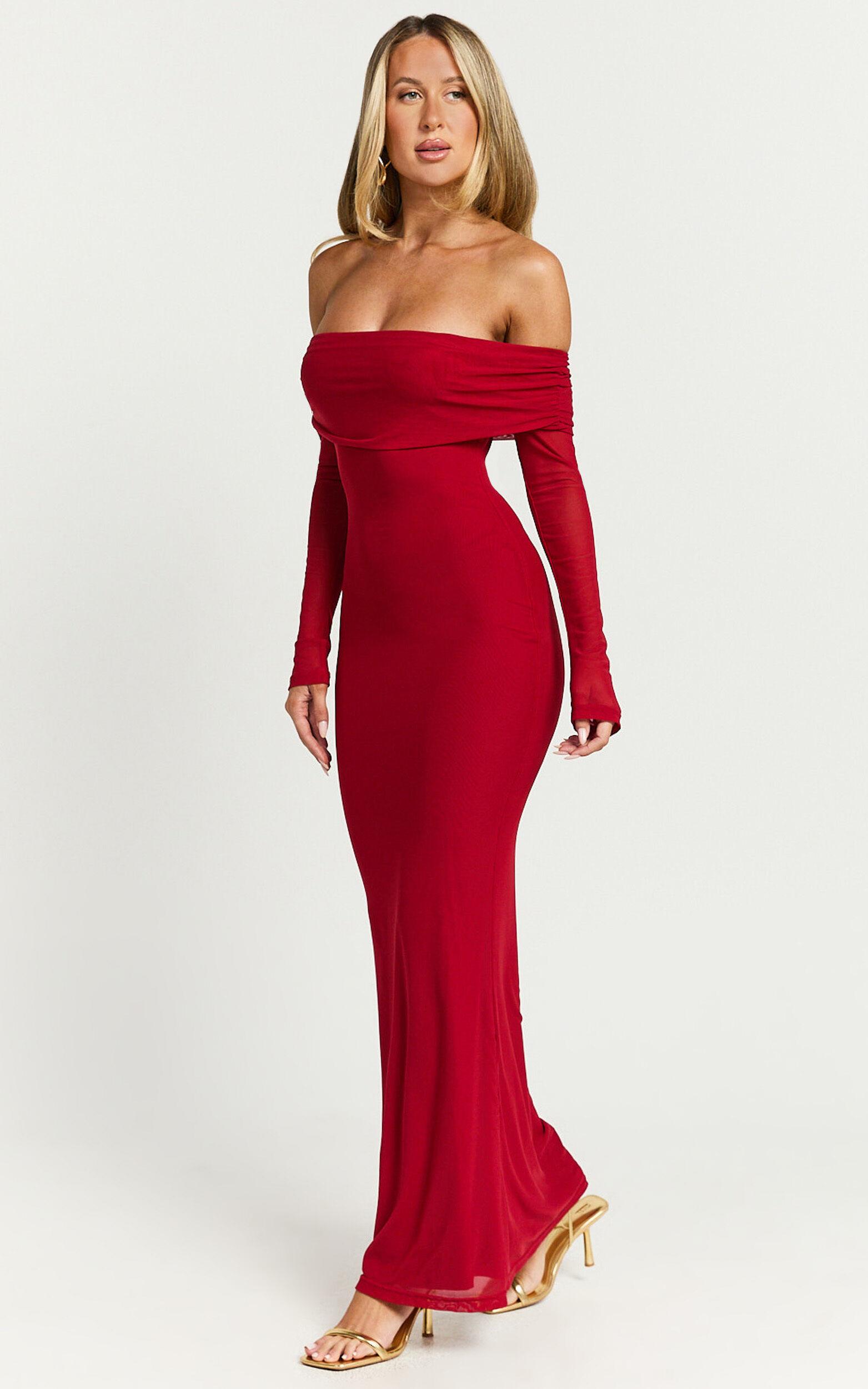Bethanie Maxi Dress - Off The Shoulder Mesh Dress in Red Product Image