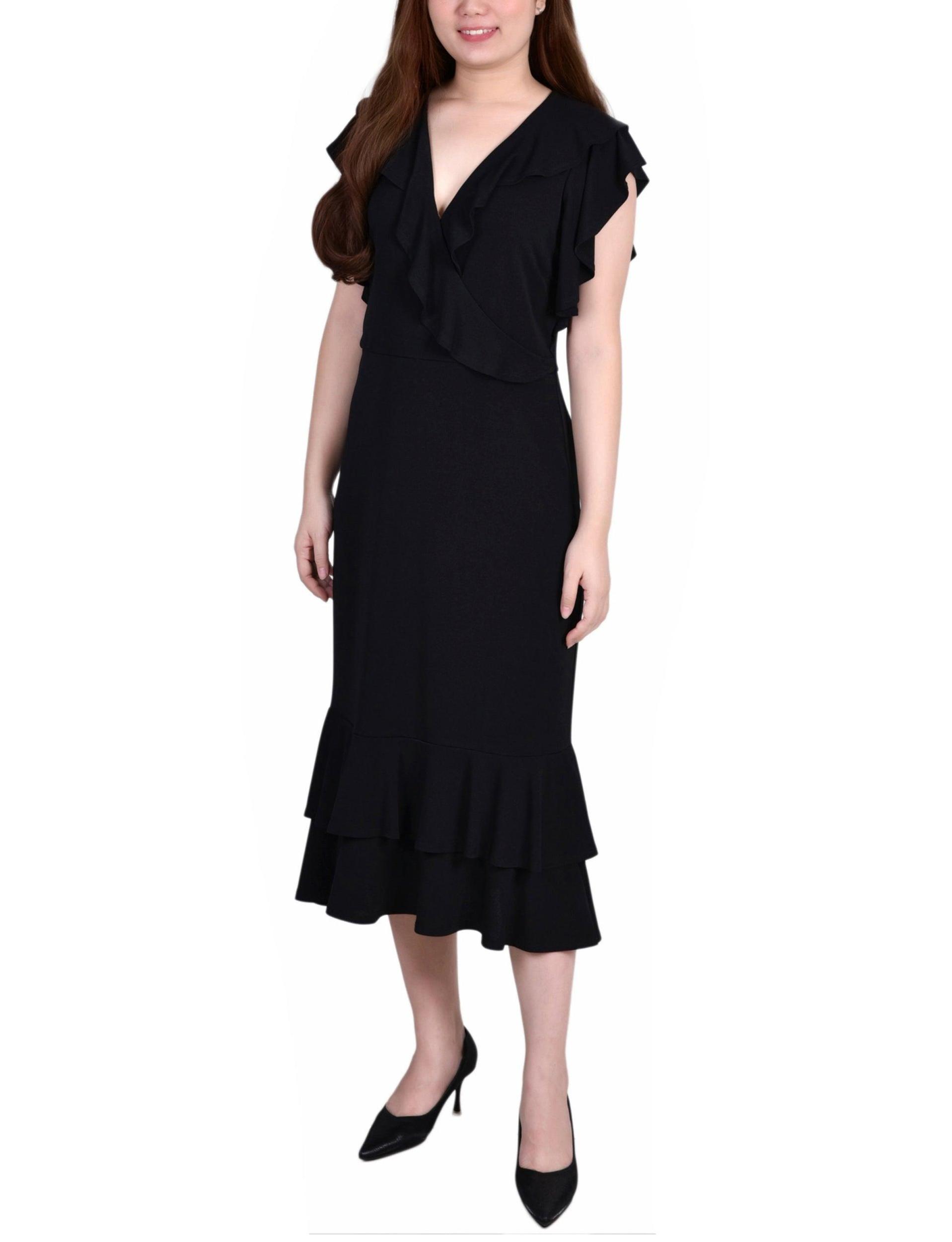 Black Short flutter Sleeve Ruffle Neck Dress - Petite Product Image