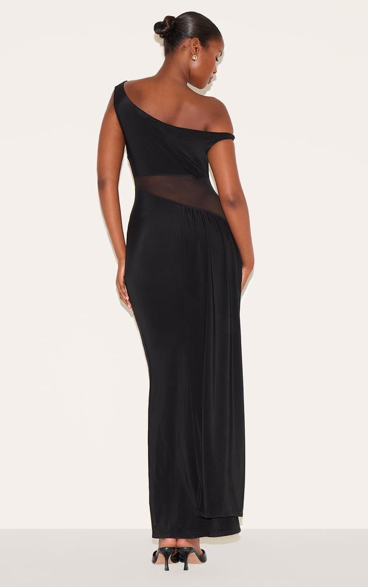 Black Slinky Asymmetric Mesh Cut Out Maxi Dress Product Image