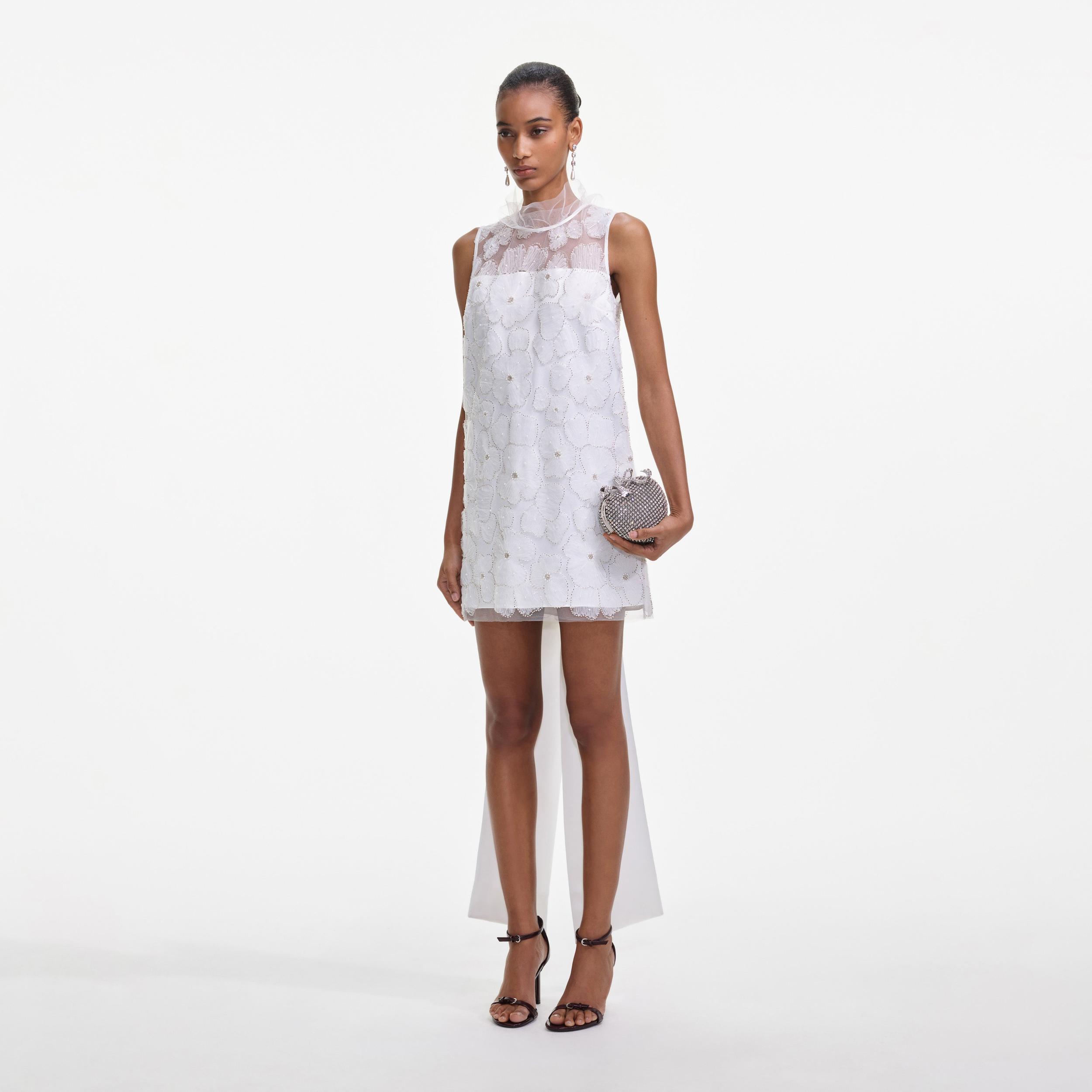 White Tulle Satin Bow Mini Dress Product Image