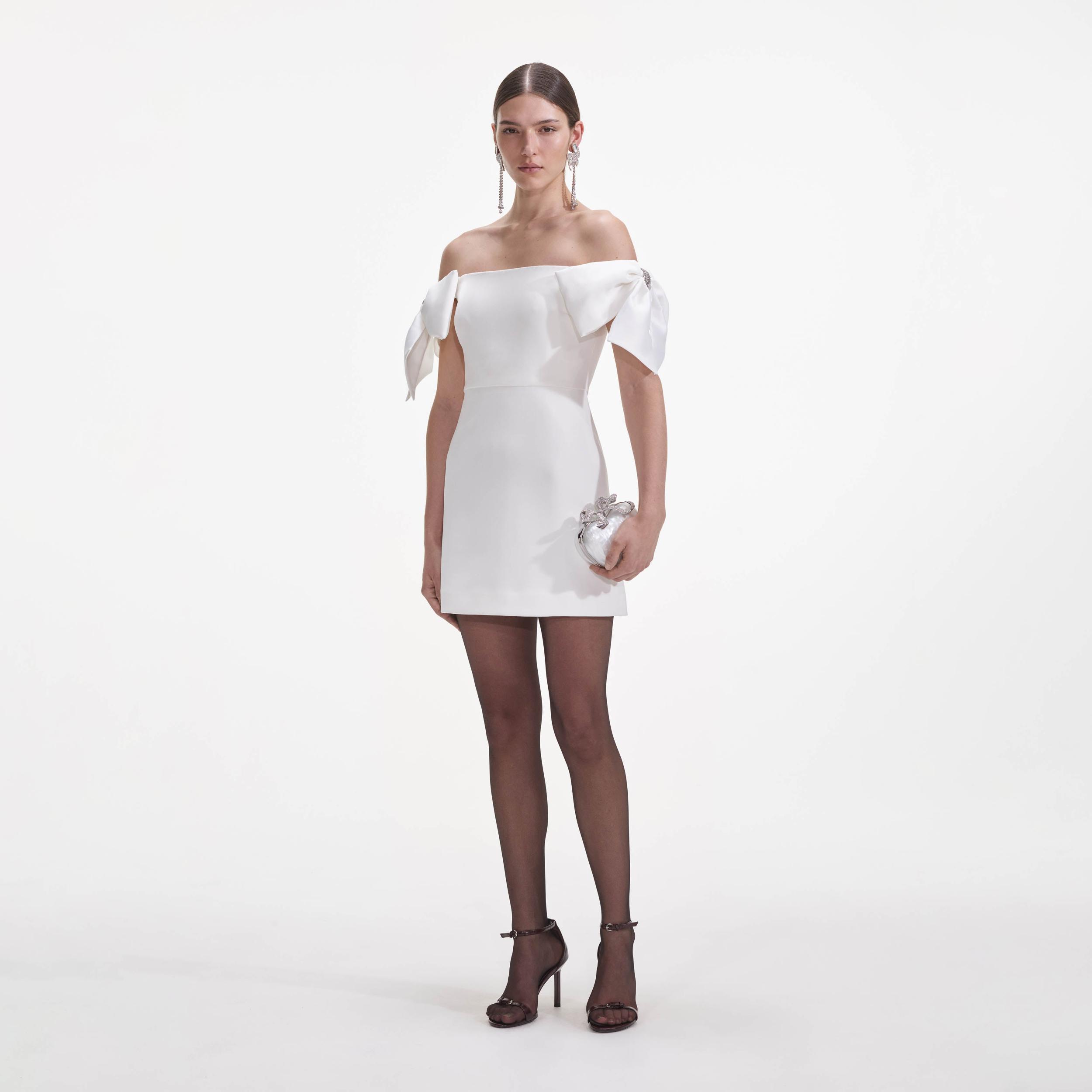 White Crepe Bow Mini Dress Product Image