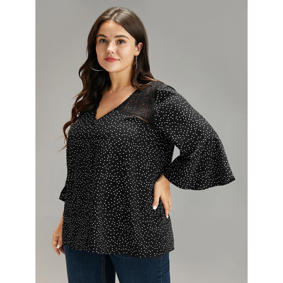 Plus Size Black Polka Dot Crochet Lace Button Detail Blouse Women Elegant Elbow-length sleeve V-neck Dailywear Blouses BloomChic 14-16/1X Product Image