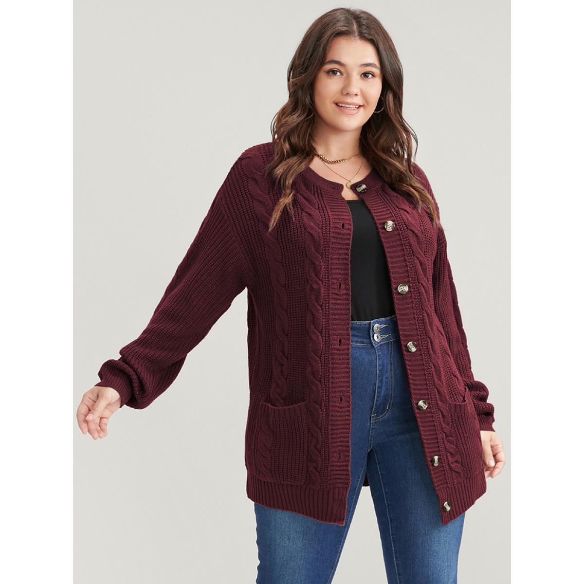 Plus Size Solid Pointelle Knit Cable Knit Button Front Cardigan Rust Women Casual Loose Long Sleeve Work Cardigans BloomChic 14-16/1X Product Image