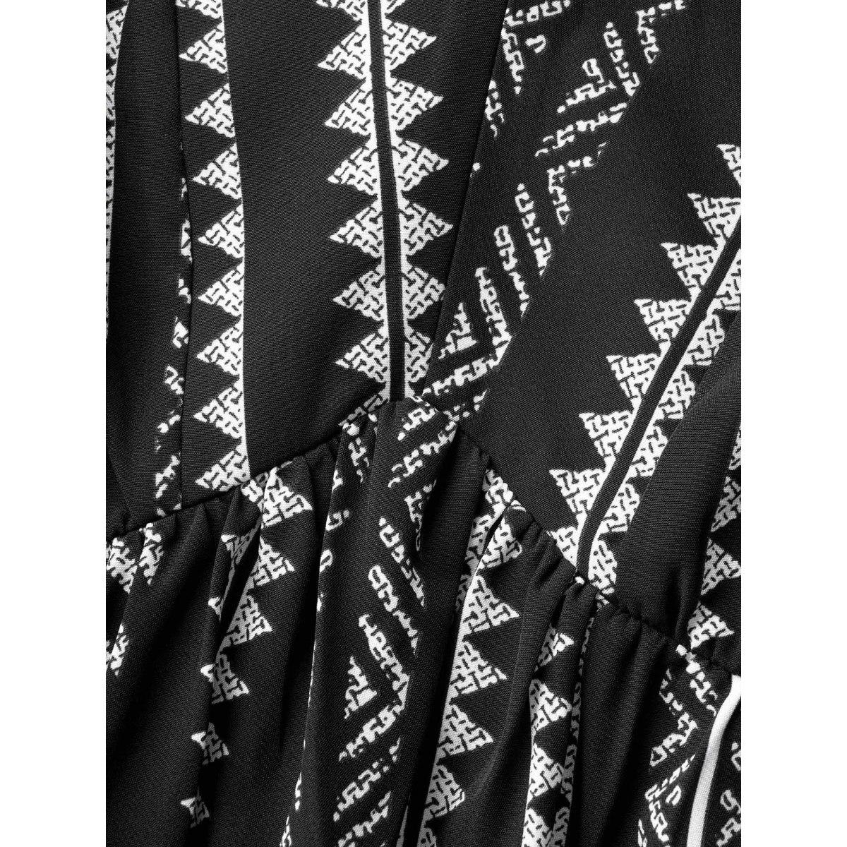 Plus Size Black Bandana Geometric Lantern Sleeve Gathered Blouse Women Boho Elbow-length sleeve V-neck Vacation Blouses BloomChic 30/6X Product Image