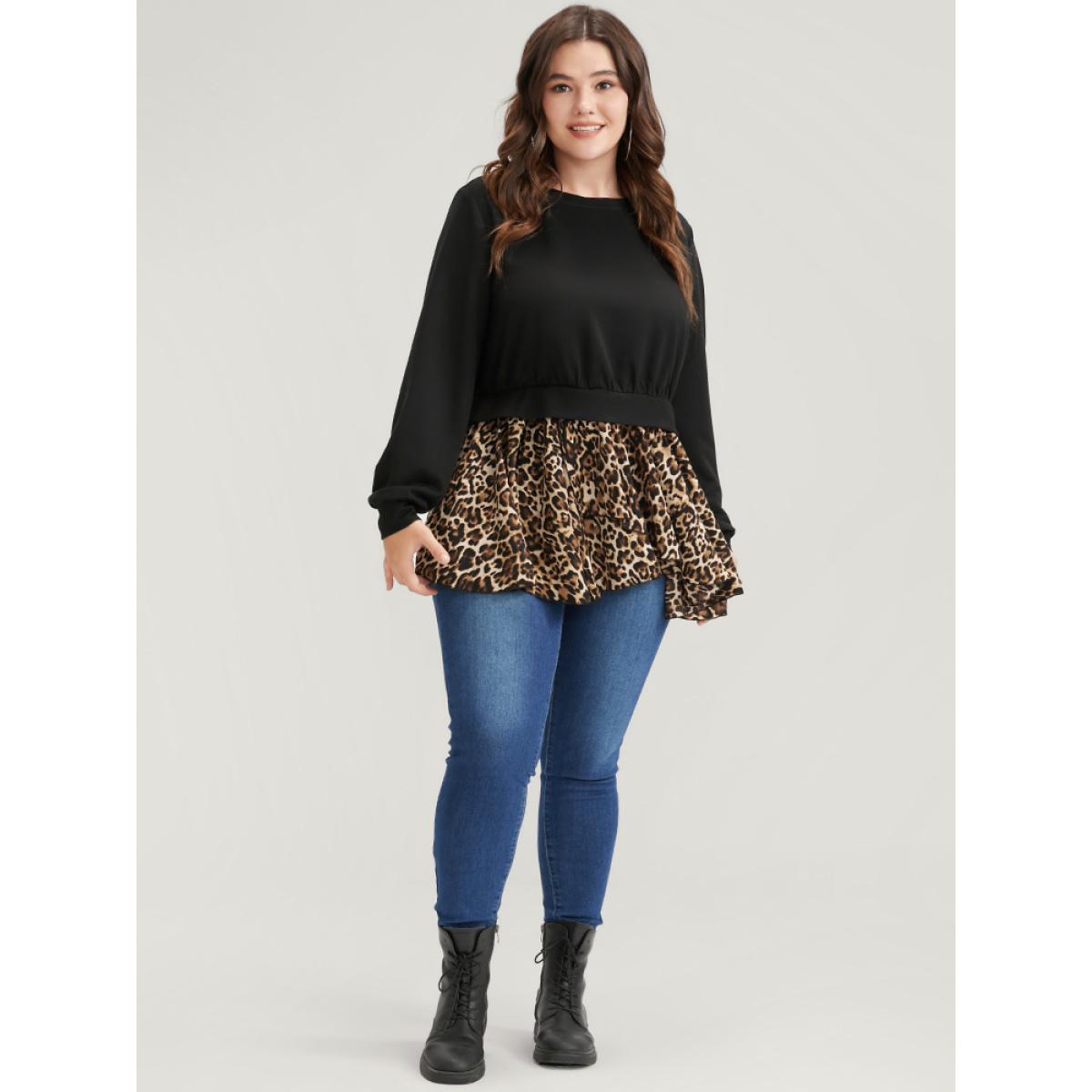 Plus Size Leopard Patchwork Asymmetrical Hem Sweatshirt Women Black Elegant Contrast Round Neck Dailywear Sweatshirts BloomChic 26/4X Product Image