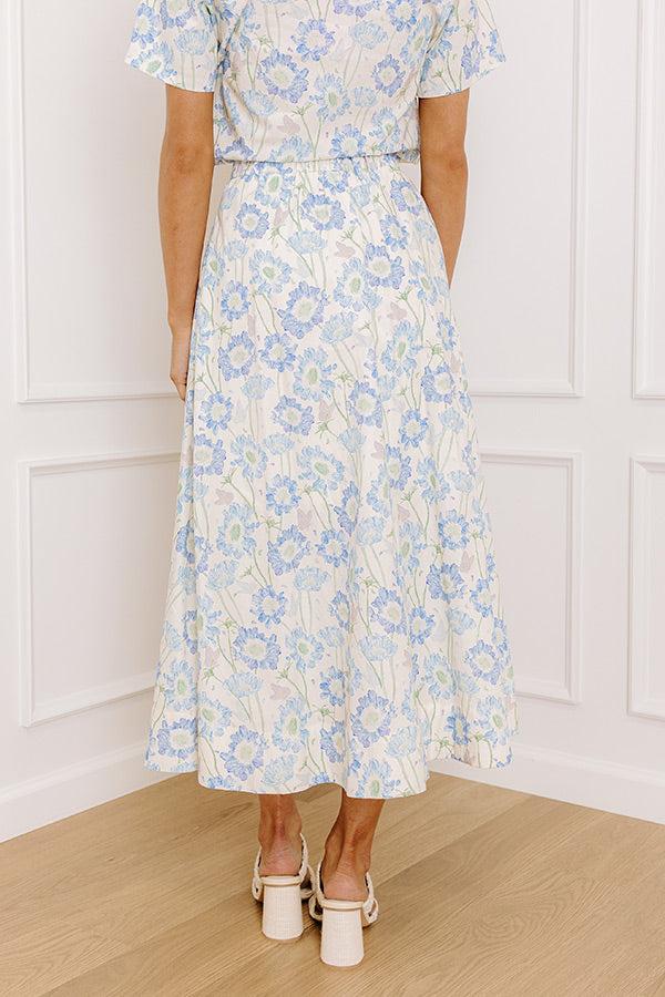 Butterfly Garden High Waist Floral Midi Skirt in Blue Product Image