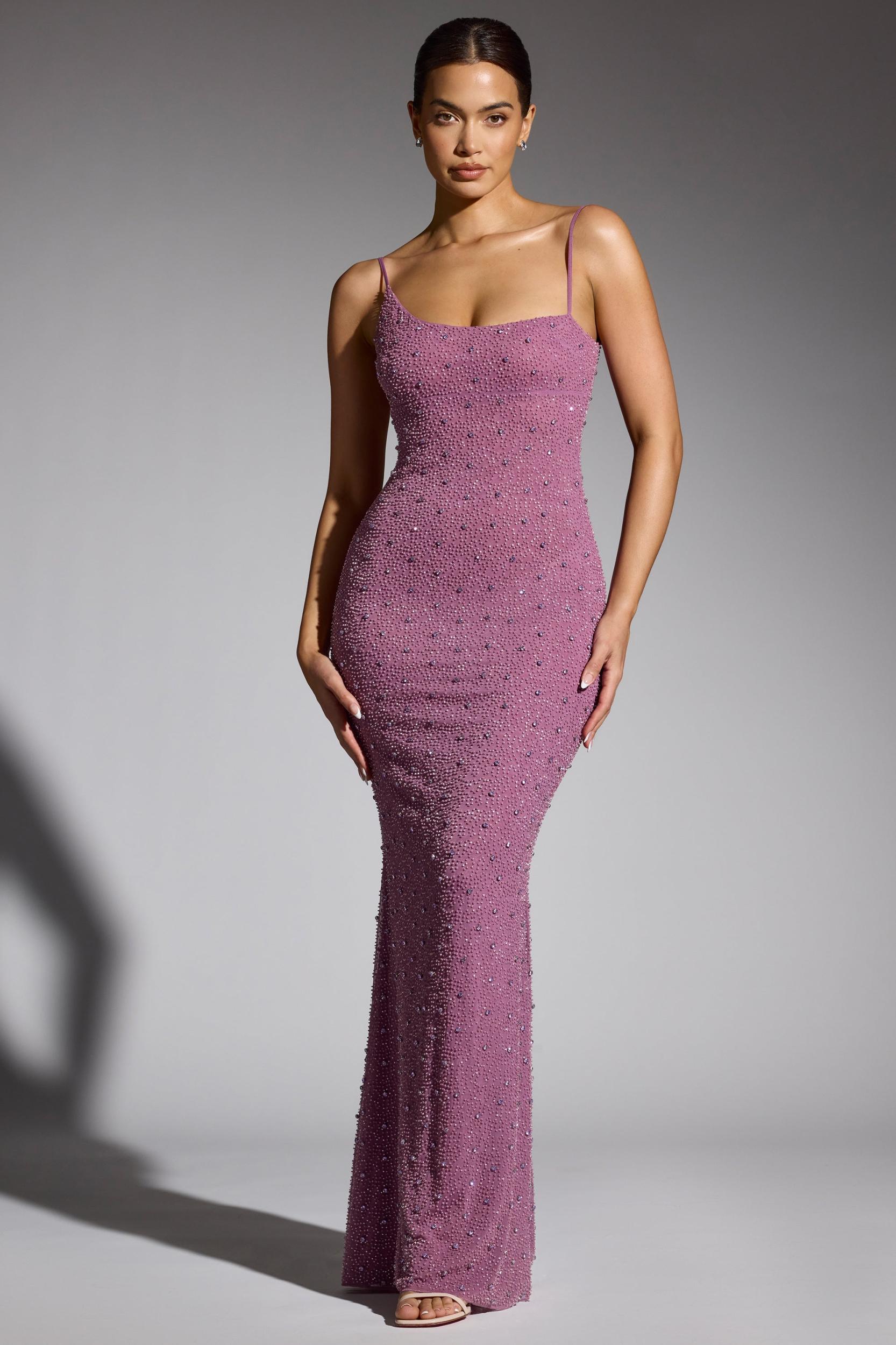 Embellished Asymmetric Maxi Dress in Grape Product Image