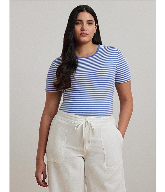 Lauren Ralph Lauren Plus Size Stretch Cotton Stripe Crew Neck Short Sleeve T-Shirt Product Image