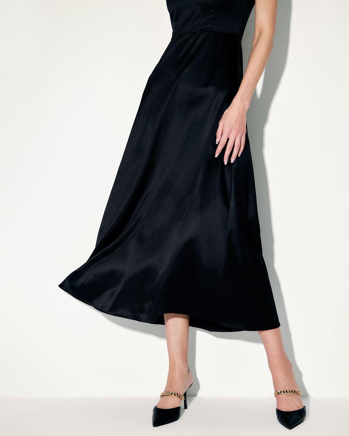 Black Satin A-Line Slip Maxi Dress Product Image