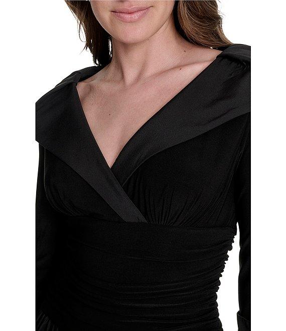 Jessica Howard Jersey Taffeta 3/4 Sleeve Portrait Collar Ruched A-Line Midi Dress Product Image