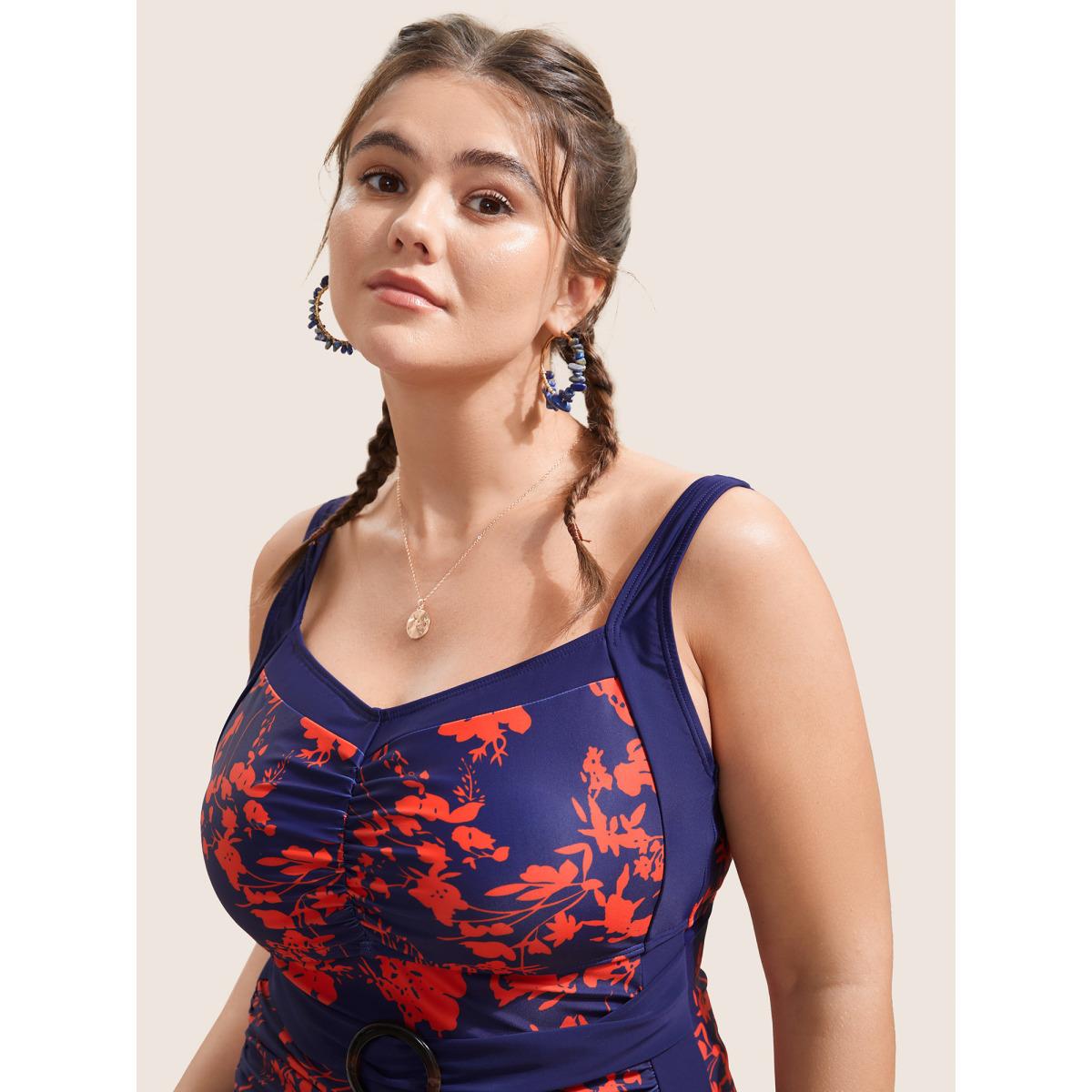 Plus Size Silhouette Floral Ruched Buckle Detail One Piece Swimsuit Women's Swimwear DarkBlue Beach Non Curve Bathing Suits High stretch One Pieces BloomChic 14-16/1X Product Image