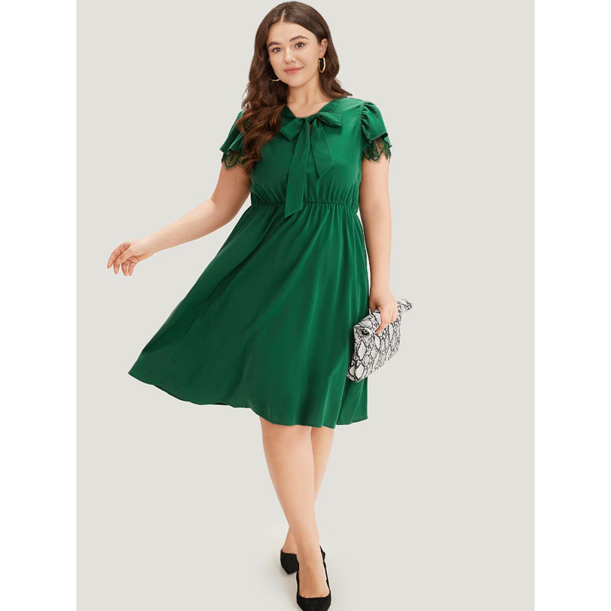 Plus Size Solid Knot Neck Pocket Eyelet Lace Dress Green Women Office Plain Tie Neck Sleeveless Curvy Midi Dress BloomChic 22-24/3X Product Image
