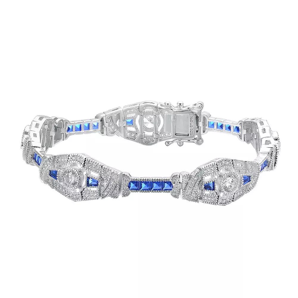 Sterling Silver & Blue Cubic Zirconia Oval Link Bracelet, Womens Product Image