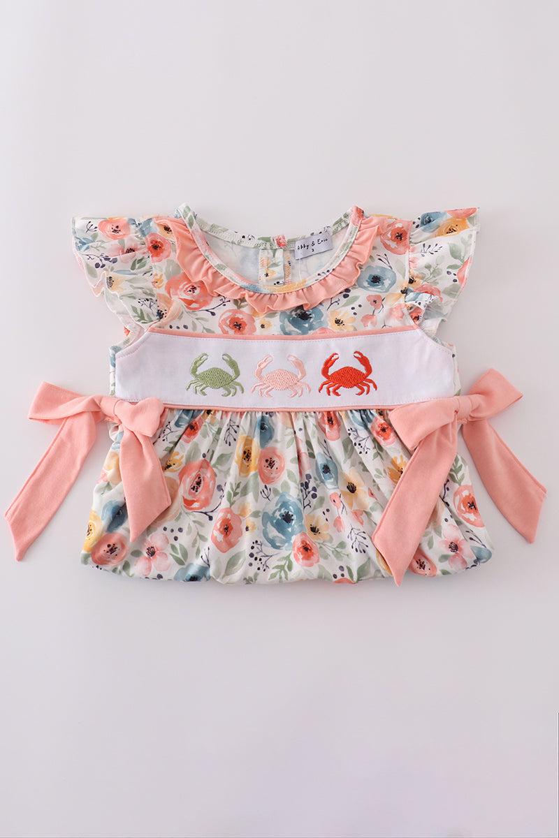 Floral crab embroidery bow ruffle dress Product Image