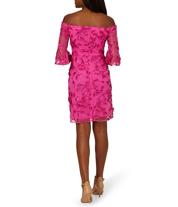 Adrianna Papell Knit Off-The-Shoulder Bell Sleeve Embroidered 3D Floral Sheath Dress Product Image